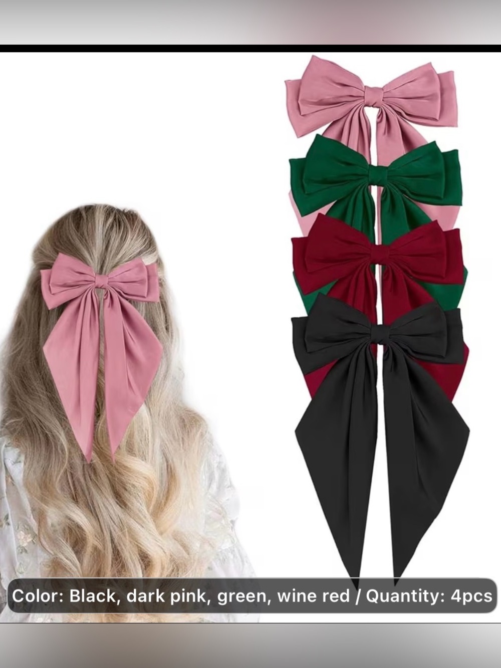 4 Classic Satin Bow Hair Clip - Dark Pink, Green, Wine Red, Black